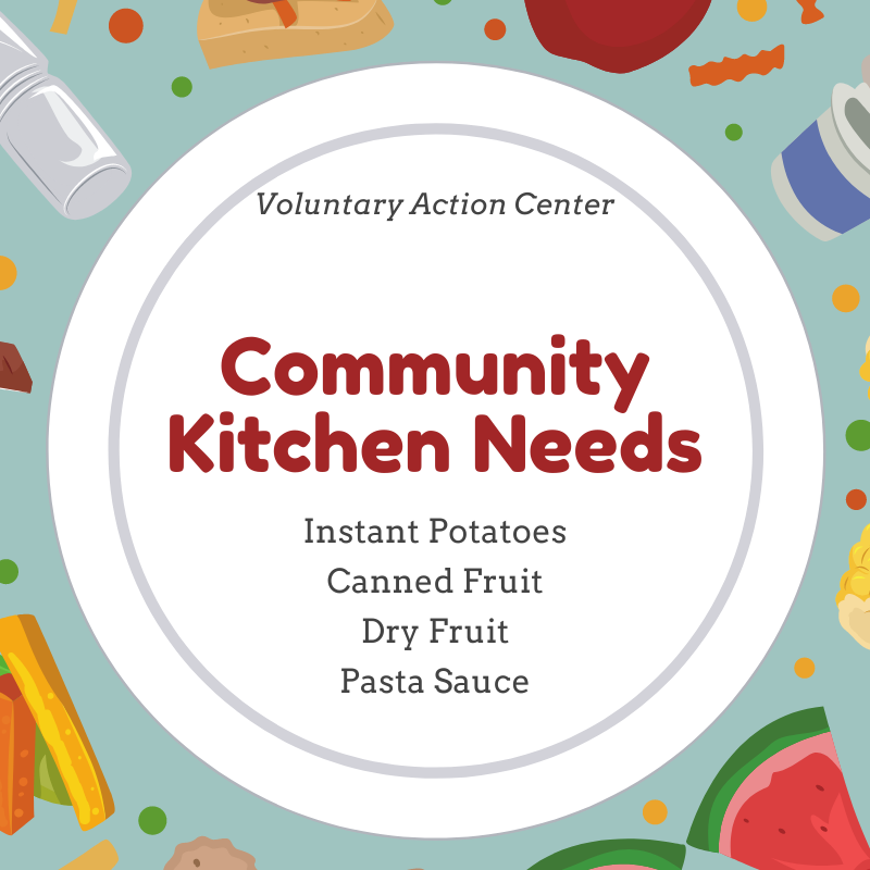 VACCalhoun's tweet photo. The VAC Community Kitchen is in need of instant potatoes, canned fruit, dry fruit, and pasta sauce! Please drop off food donations directly to the kitchen. Thank you for helping the Voluntary Action Center continue to be the Heart of a Caring Community. https://t.co/4hvpLzIDys