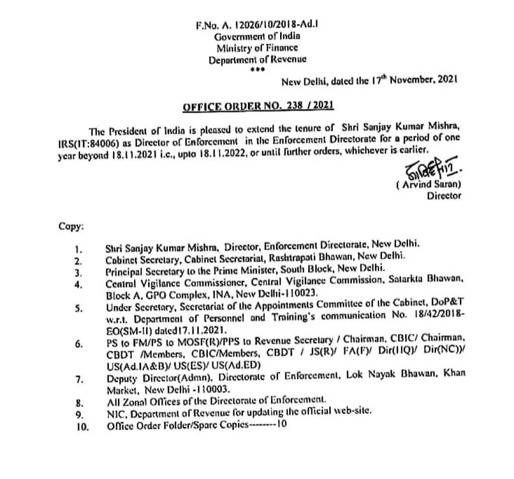 pbhushan1's tweet image. Govt has again extended the tenure of ED Director Mishra for another year, despite the SC saying In Sept that no further extension will be given to him! It is a clear case of Contempt of court!
Mishra is being used to harass Opp leaders &amp;amp; activists. He gives BJP ppl a free pass