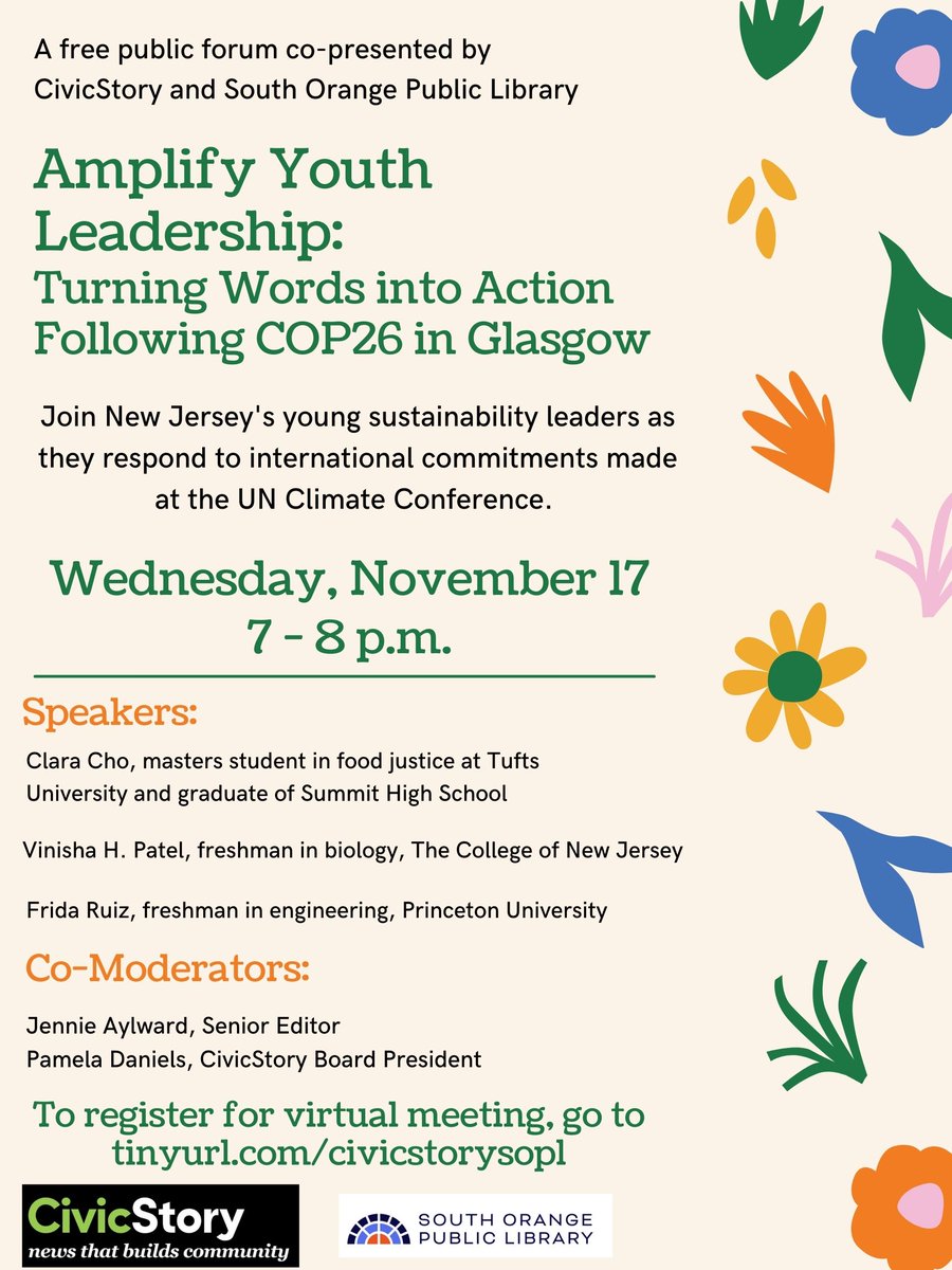 TODAY! Join online for CivicStory and @so_library's free discussion with young leaders in the #EnvironmentalMovement, 7-8pm. Register: tinyurl.com/civicstorysopl #ClimateAction