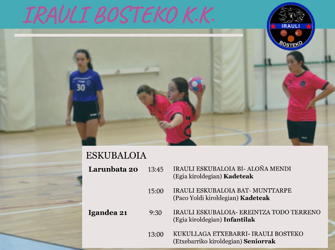 iraulifk's tweet photo. ⏰ Asteburuko partiduen ordutegiak ⬇️
 
⏰Horarios de los partidos del fin de semana ⬇️

Zorte on talde guztiei!💪
#saskibaloia #futbola #eskubaloia 
GORA PUMAK!!!! https://t.co/6h1uigs3gR