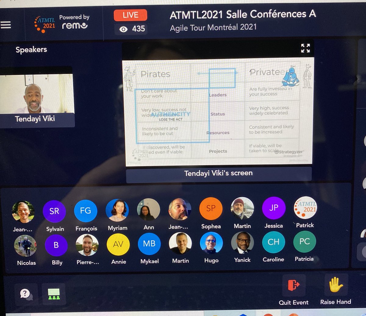 amina_bourguiba's tweet photo. Hello @agilemontreal !! Happy to be part of this for the next 2 days 🎈🎈
Keynote very inspiring by @tendayiviki about the #authentic #intrapreneur
#atml #atml2021 https://t.co/yh9CQyWQZk