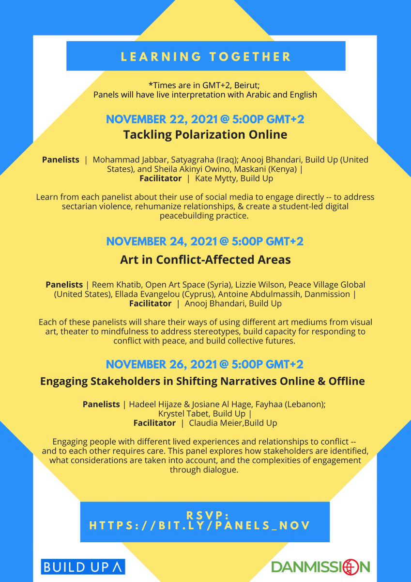 omarmeksassi's tweet photo. I would like to invite you to a series of panels discussing approaches to building a dialogue:
Learning together: Exploring the role of art, dialogue and social media in peacebuilding more details in the flyer below.
Please RSVP here: https://t.co/lu3ultYy85. https://t.co/j2JMkyrogx