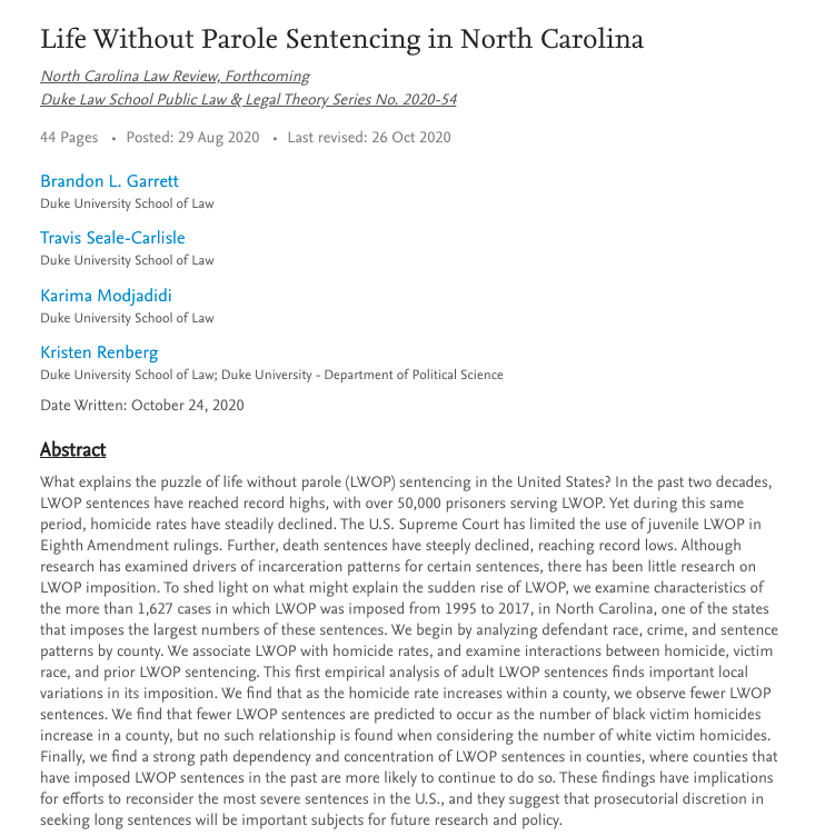 DukeLaw's tweet photo. Scholarship: Duke Law Prof. @brandonlgarrett and co-authors (@TMSealeCarlisle, @KristenRenberg) analyzed life without parole sentencing (LWOP) at the county level in North Carolina and found wide disparities in how LWOP is imposed throughout the state. https://t.co/OEcaqjL85m https://t.co/mtCHaNSNAs