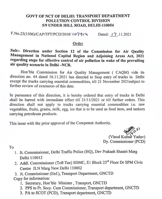 ANI's tweet photo. Air pollution: Delhi Govt issues order to ban entry of trucks, except for those carrying essential items, into the national capital till November 21 https://t.co/1h84EHbw2J