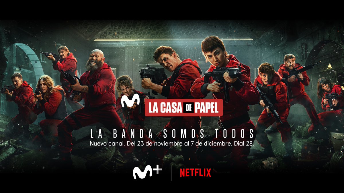 La Banda somos todos 💥 Celebramos la nueva temporada de #LaCasaDePapel con un canal exclusivo del 23 de noviembre al 7 de diciembre: Movistar La Casa de Papel. 

Además, algo grande va a pasar el día 20 de noviembre. Más detalles hoy en La Resistencia y en el siguiente tuit 👇