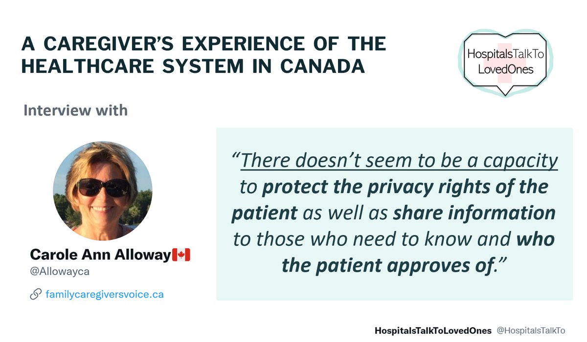 Within the #HospitalsTalkToLovedOnes initiative, I spoke to @Allowayca about her experience of #Canada's healthcare system as a #caregiver to her husband

Whole interview: rb.gy/euor4f

Lots of great insights, thank you for sharing!🙏 #EssentialCarePartner #MedTwitter
