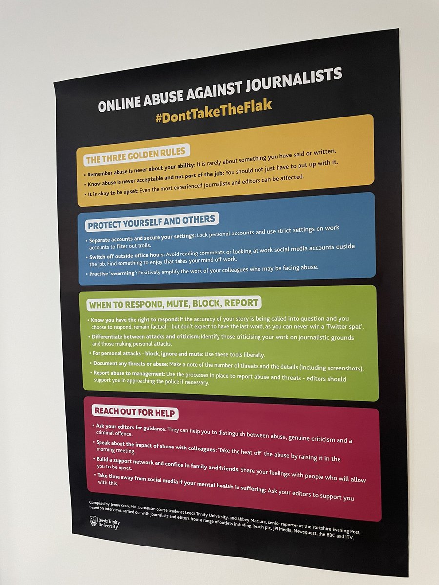 Thanks very much @Abby_Newbery and @jenkean at Leeds Trinity University for taking the initiative & arranging this #DontTakeTheFlak campaign. So important and necessary. Posters are now in all our @Journalism_BU newsrooms