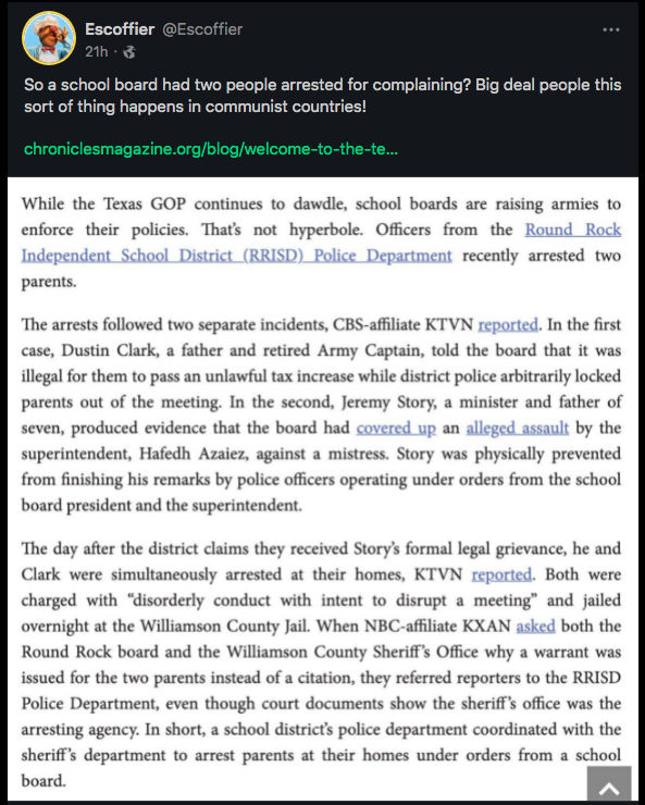 ___eb__'s tweet photo. "haha, he thinks we live under communism right now, what an idiot, parents being arrested for complaining about their school board is something that has always happened in Our Democracy™️" https://t.co/e1H8F5u5LK