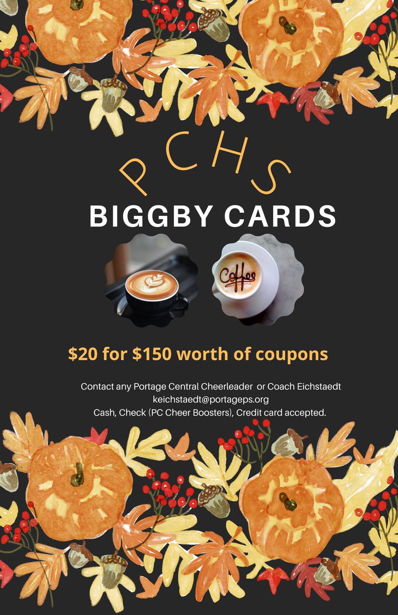 CheerPC's tweet photo. Your PC cheer team is selling Biggby coupon cards. They make great stocking stuffers💙💛💙💛 https://t.co/bEAu8XgxPS