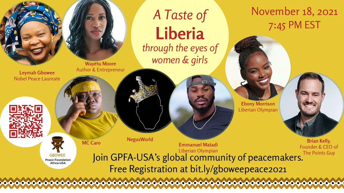 Hello friends! There’s just one more day until A Taste of Liberia: Through the Eyes of Women &amp; Girls. Tomorrow at 7:45PM, join me and my dear friends as we celebrate Liberian culture &amp; the impact of investing in women and girls. #Liberia #GboweePeace bit.ly/gboweepeace2021