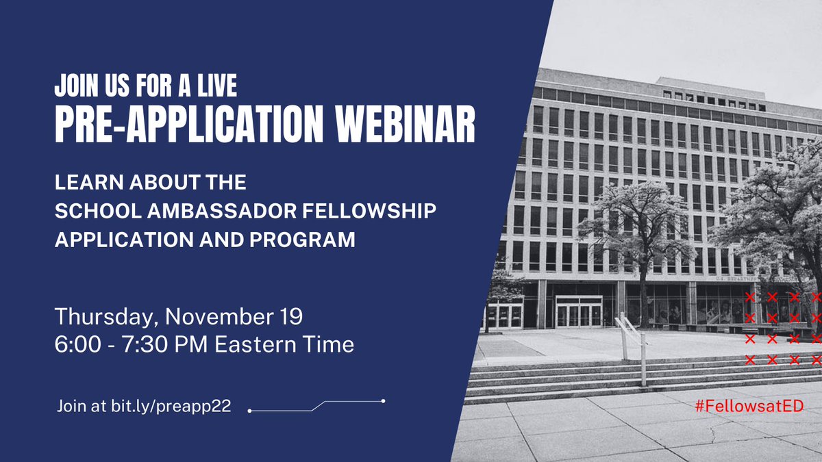 Speaking of opportunities on your career path...If you are an educational change-maker and want to learn more about ED’s School Ambassador Fellowship,  join us tomorrow night (6-7:30pm ET) for the LIVE Pre-Application Webinar!  
#FellowsAtED