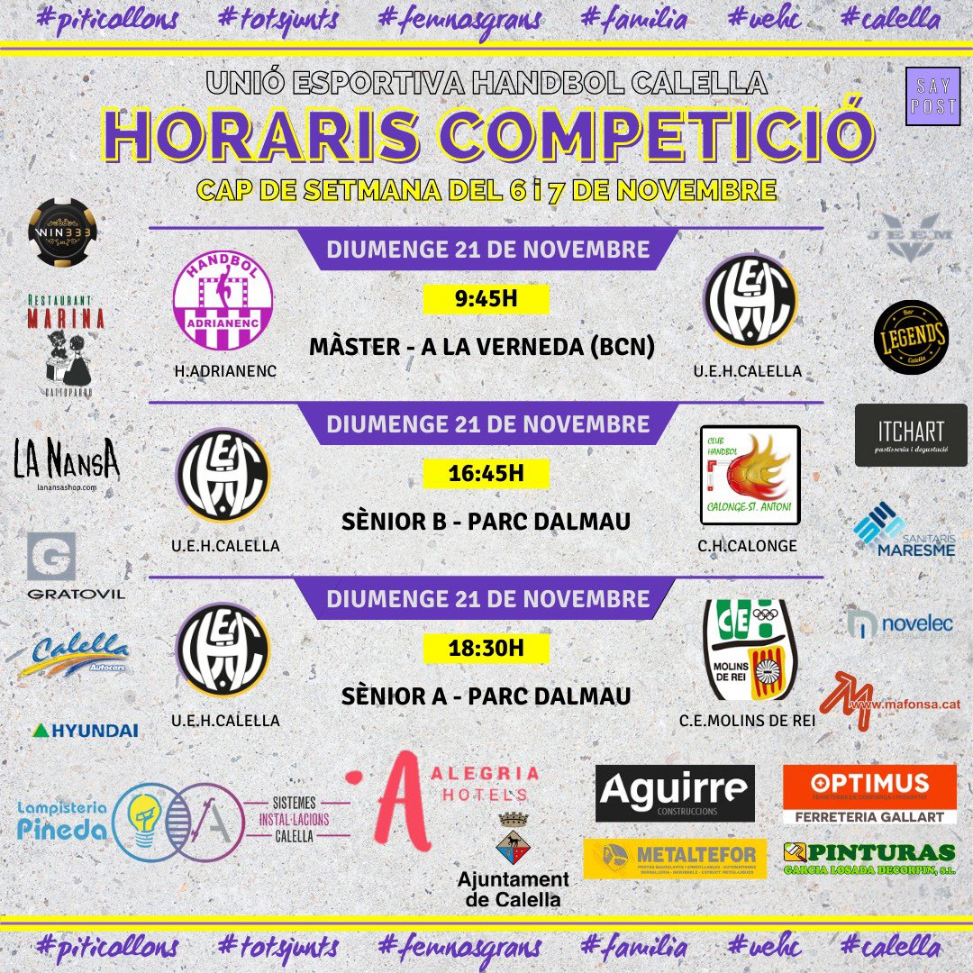 UEHCalella's tweet photo. 📆 HORARIS CAP DE SETMANA

Gran diumenge al Parc Dalmau! Us esperem a totes i a tots🤾🏻🤾🏻‍♂️

Som-hi, molta sort a tots els equips💪🏼💜💛

#piticollons #totsjunts #femnosgrans #familia #uehc #calella #handbol #balonmano #handball #lilaigroc #parcdalmau #handbolcat #uehcalella #saypost https://t.co/t42myvlwPa