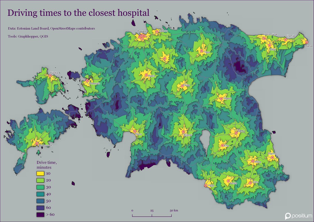 positium's tweet photo. Day 16 (urban/rural) of #30DayMapChallenge: Driving times to main hospitals in Estonia. Made with @graphhopper, QGIS and a bit of Python. "Wanted to try papercut style long ago. Not elevation, but worked out pretty well," says map creator @IvanVasilyev8 
#mapmaking #hospital https://t.co/d0vz9UuDnH