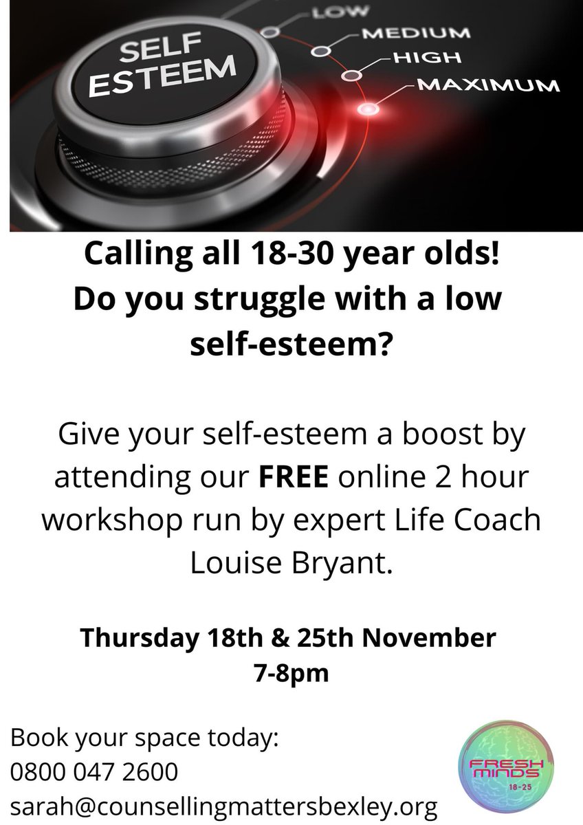 CMBexley's tweet image. We still have a few places left  for tomorrow &amp;amp; 25th Nov, 7-8pm. If you’re 18-30 and experiencing low self-esteem - FREE online workshop. Contact 0800 0472600 or mail@cmbtalk.org for the Zoom details