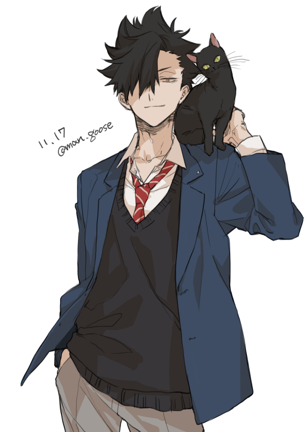 1boy cat male focus black hair black cat animal on shoulder necktie  illustration images