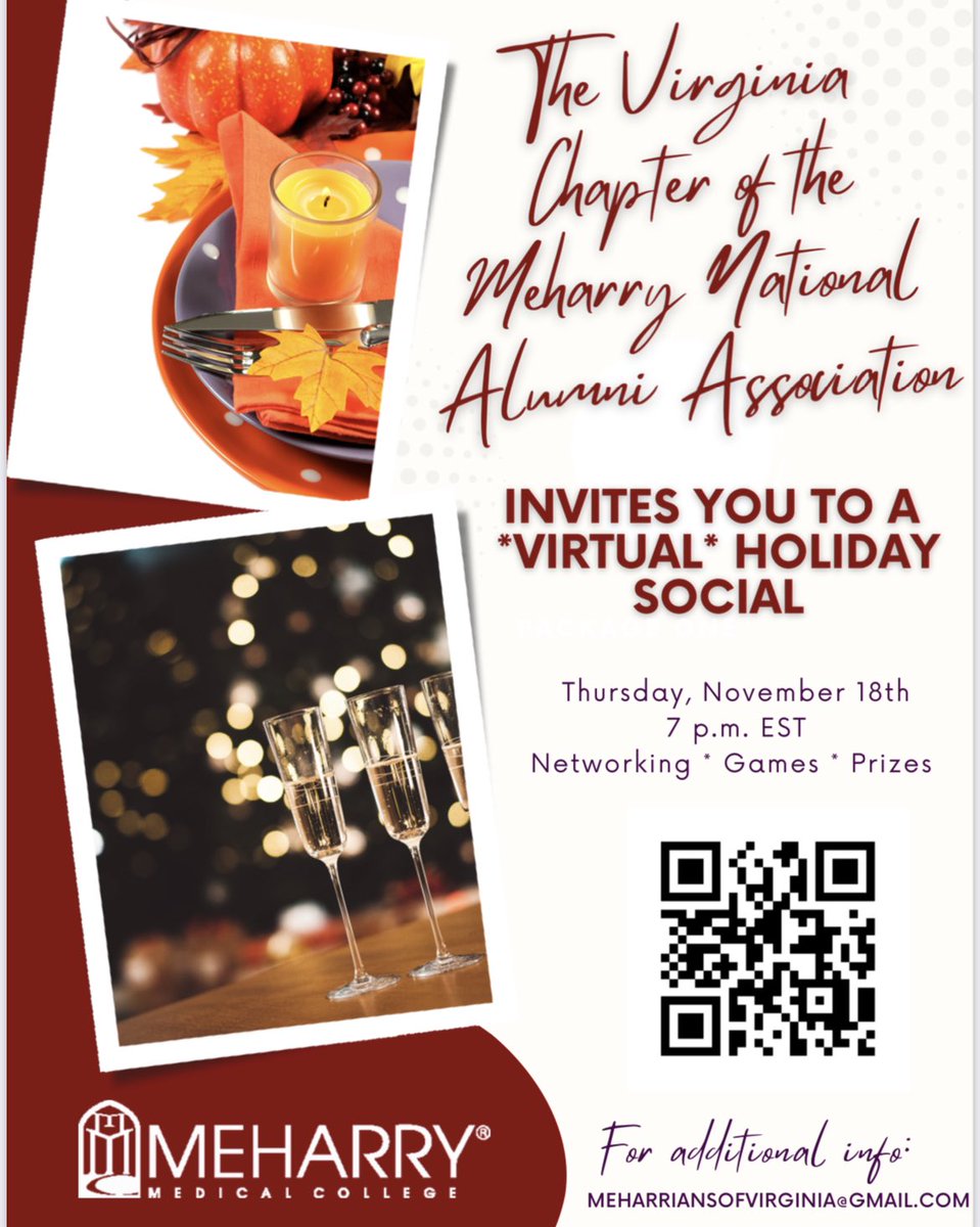 Hey Meharry alumni! Join the Virginia Chapter of Meharry National Alumni Association for a fun-filled virtual holiday social tomorrow, Thursday, November 18th, at 7 pm EST. We hope to see you!  #meharrymade #Alumni