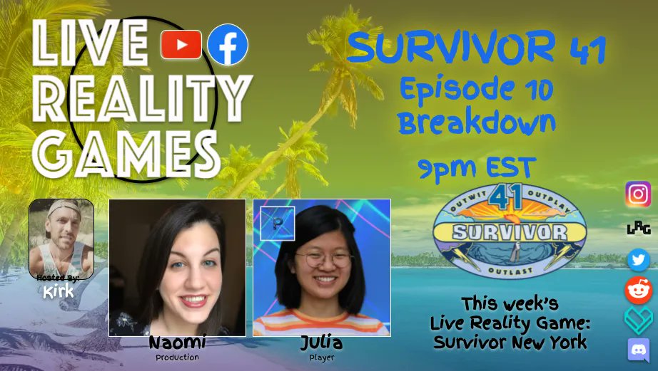 LiveRealityGame's tweet photo. #Survivor BREAKDOWN w/Survivor New York special guests: @naomicalhoun and Julia. With host @KirkCarlson
#Survivor41
#SurvivorNewYork #LiveRealityGames #LRG https://t.co/wKEriQIqge https://t.co/wB8Fybi6z3