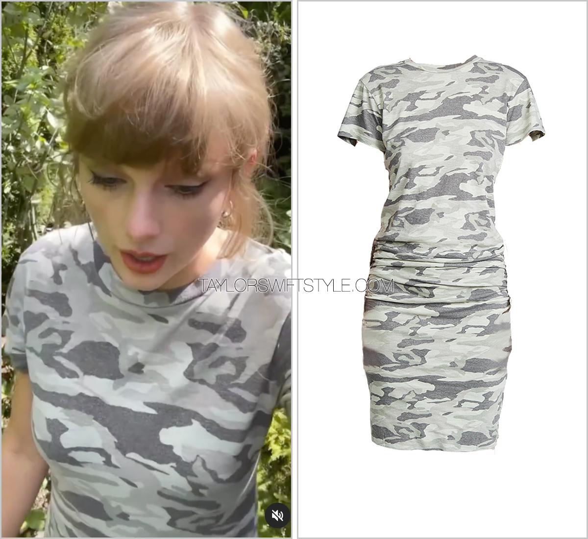 tswiftstyle's tweet photo. In her latest TikTok/Reel, @taylorswift13 wears a sold out camo dress by #Monrow ($130, https://t.co/ZSZTPzE5rI). Shop similar https://t.co/Vt9DqAZTck https://t.co/hoydfZTWLb