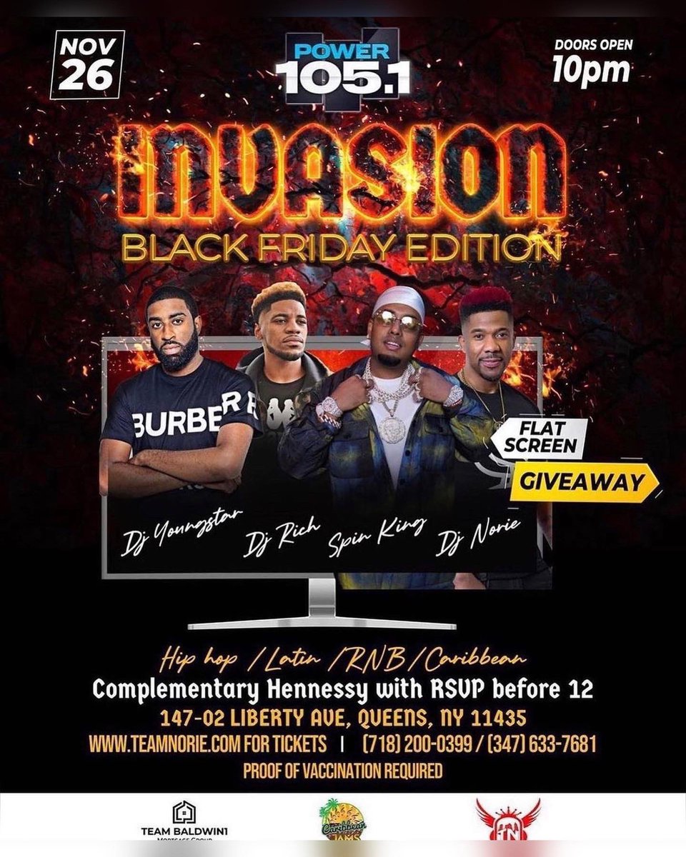 JamsCaribbean's tweet photo. Black Friday November 26, 2021
.
Music by @djnorie @djspinking @djyoungstar @djrichratedr spinning the best in #rnb #hiphop #latin and #caribbean music @jouvaynightclubnyc 
.
Flat Screen TV Giveaway
For Tix Click Link in BIO
.
For more info call/text 718-200-0399 or 631-565-4062 https://t.co/KYBFxGQYNo