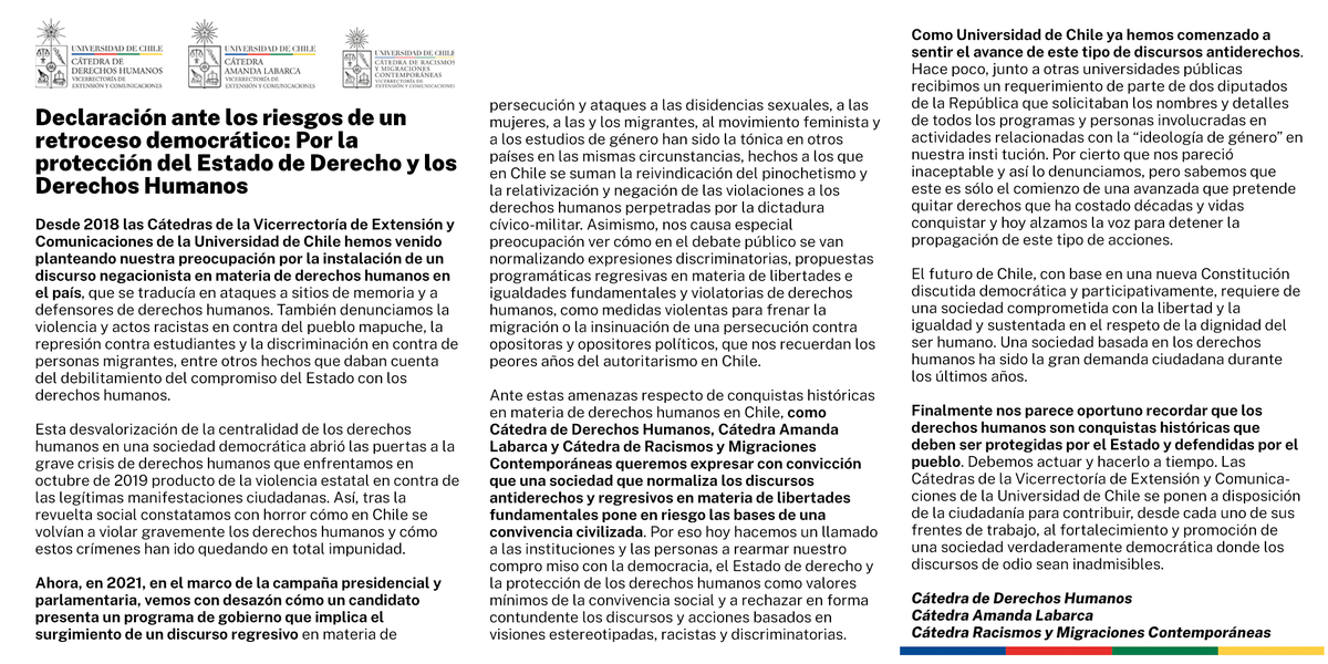 uchile's tweet photo. Compartimos con ustedes la Declaración de las Cátedras @VEXCOM_Uchile ante los riesgos de un retroceso democrático: Por la protección del Estado de Derecho y los Derechos Humanos https://t.co/qFG2aVDKJM https://t.co/ShFFdoltlO