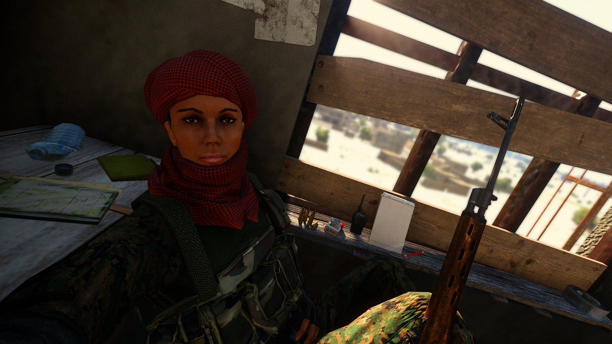 A Kurdish YPJ sniper provides overwatch in the war-torn autonomous region of Rojava, Syria, 2015. #Arma3 #arma3photography