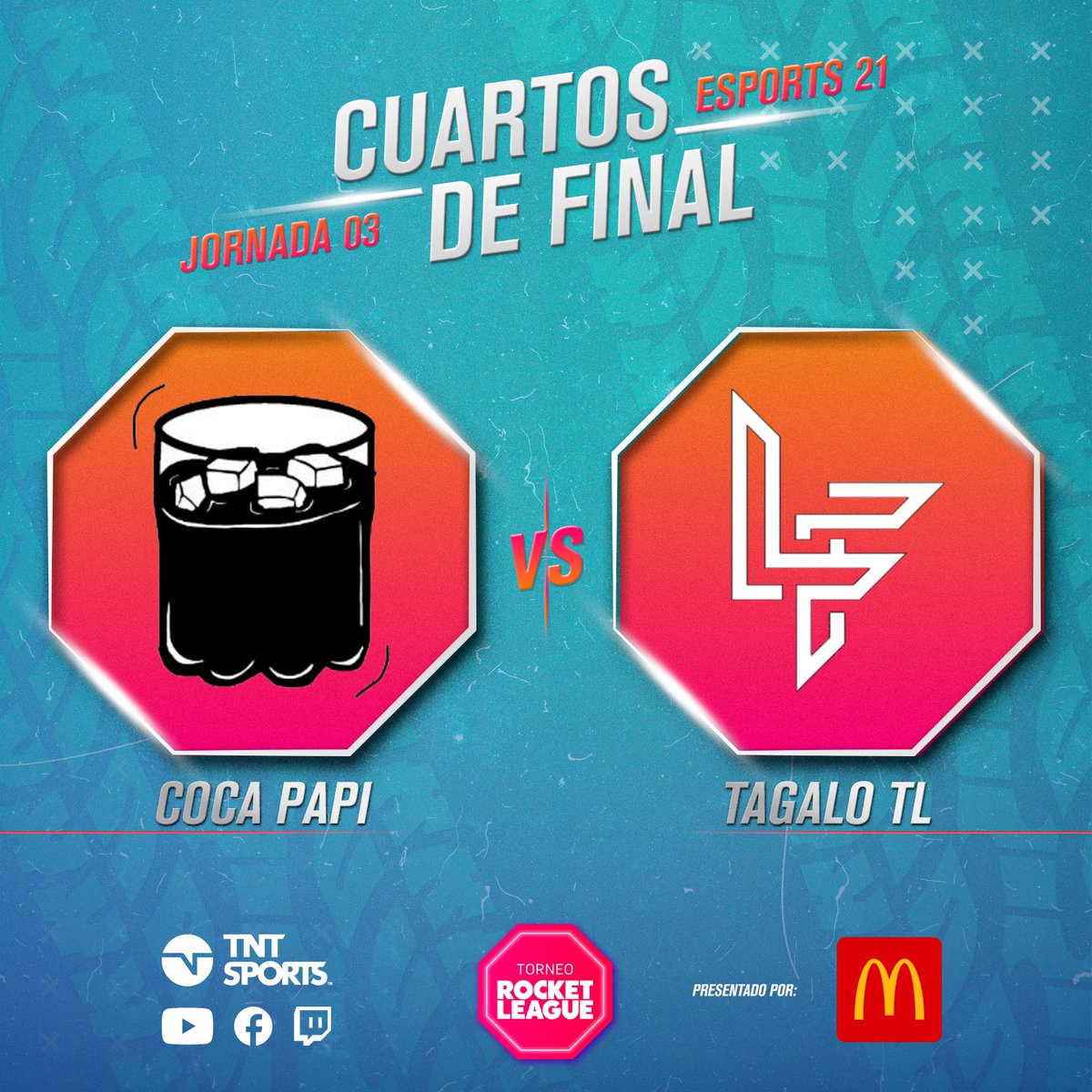 TNTSportsAR's tweet photo. ¡SE VIENE EL TERCER DUELO! 🏎️
Avanza la noche y se juega una nueva serie de #RocketLeaguexTNTSports🚀
🔴 ¡EN VIVO! | Cuartos de Final
🆚 #CocaPapi | #TagaloTL
➡️ https://t.co/xgWuz097SW
¿Quién se llevará la clasificación? 🤔
Auspiciado por @McDonalds_Ar #RocketLeagueMcDonalds https://t.co/rushRuKQUN