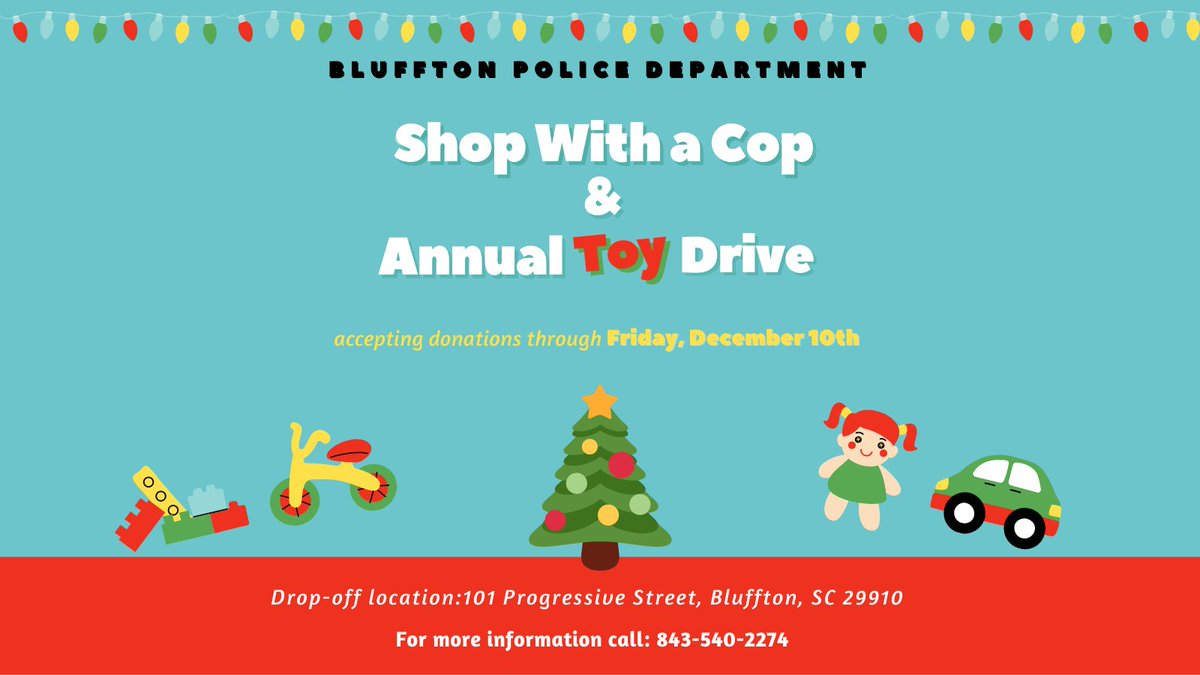 BlufftonPolice's tweet photo. We're still collecting toys for Bluffton Self Help's annual Holiday Toy Shop. Drop off new, unwrapped toys in our lobby through 12-10-21. Don't forget -- you can still donate to our annual Shop with a Cop event taking place December 11. Details on our website. #BPDTweets https://t.co/iHTGXlGoOC