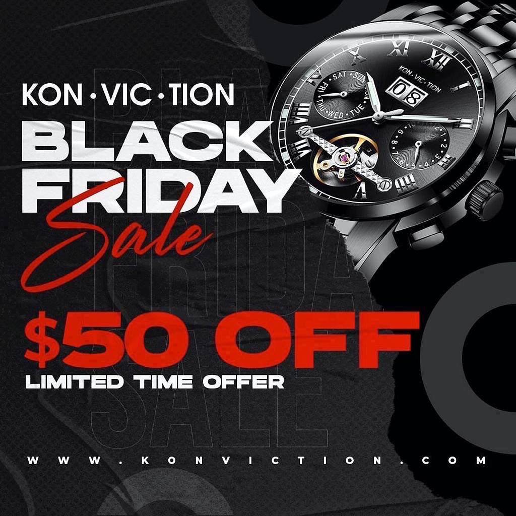 KonvictionBrand's tweet photo. Black Friday SALE: $50 OFF @konvictionbrand watches plus more savings on all products. Visit https://t.co/5OzP9GR84r https://t.co/w468iL0Sox