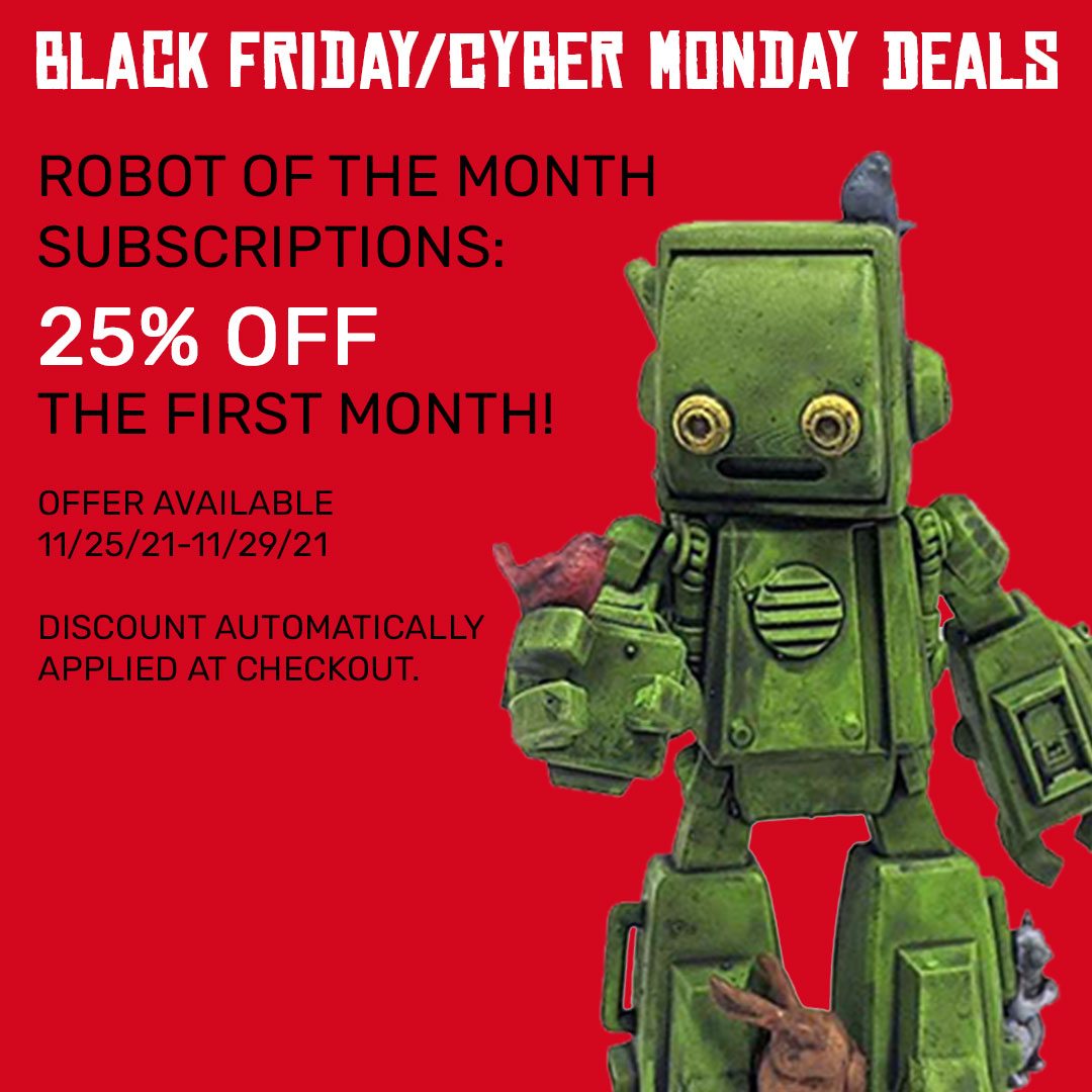 SnodgrassArt's tweet photo. Get 25% OFF the first month of your Robot of the Month Club subscription. Sale starts 11/25/21. #bfcm #blackfriday #cybermonday #designertoy #arttoy #robots https://t.co/kzmOJZGXh0