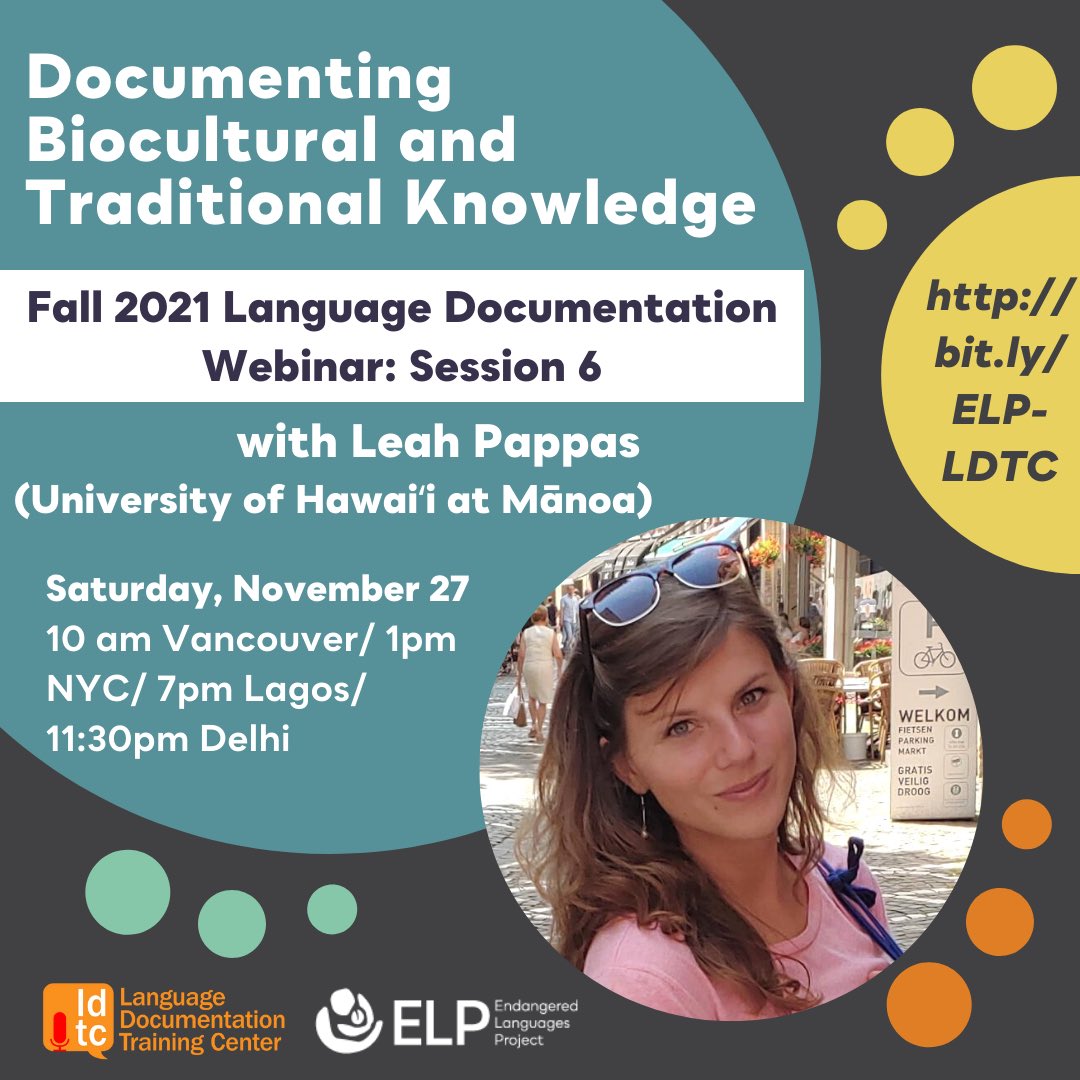 _ELProject's tweet image. Saturday at 10am Pacific, join us for a workshop on exploring and documenting biocultural knowledge in your language! Tune in at: bit.ly/ELP-LDTC #LanguageDocumentation #IndigenousLanguages