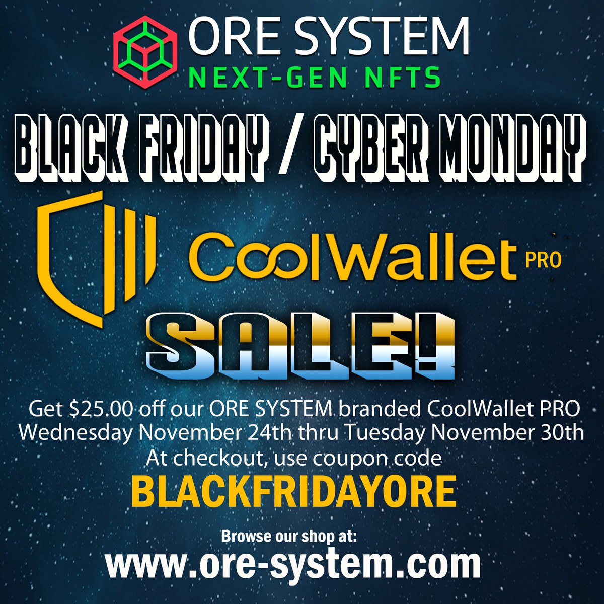 ORESystemInc's tweet photo. Right now, thru Tuesday Nov 30th get $25.00 off the official ORE System co-branded CoolWallet PRO crypto storage wallet! Dont miss out on the hottest tech in crypto now! https://t.co/cplSEZ9rRk

#OreSystem #OreForge #OreToken #OreSDK #blackfriday #cybermonday #thanksgiving #NFT https://t.co/AT9NF0dsoP