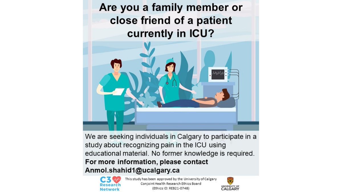 We are seeking participants for a #research study on recognizing pain in the #ICU. Please visit 🔗👉 bit.ly/3EffcB0  to participate or email anmol.shahid1&lt;at&gt;ucalgary.ca!