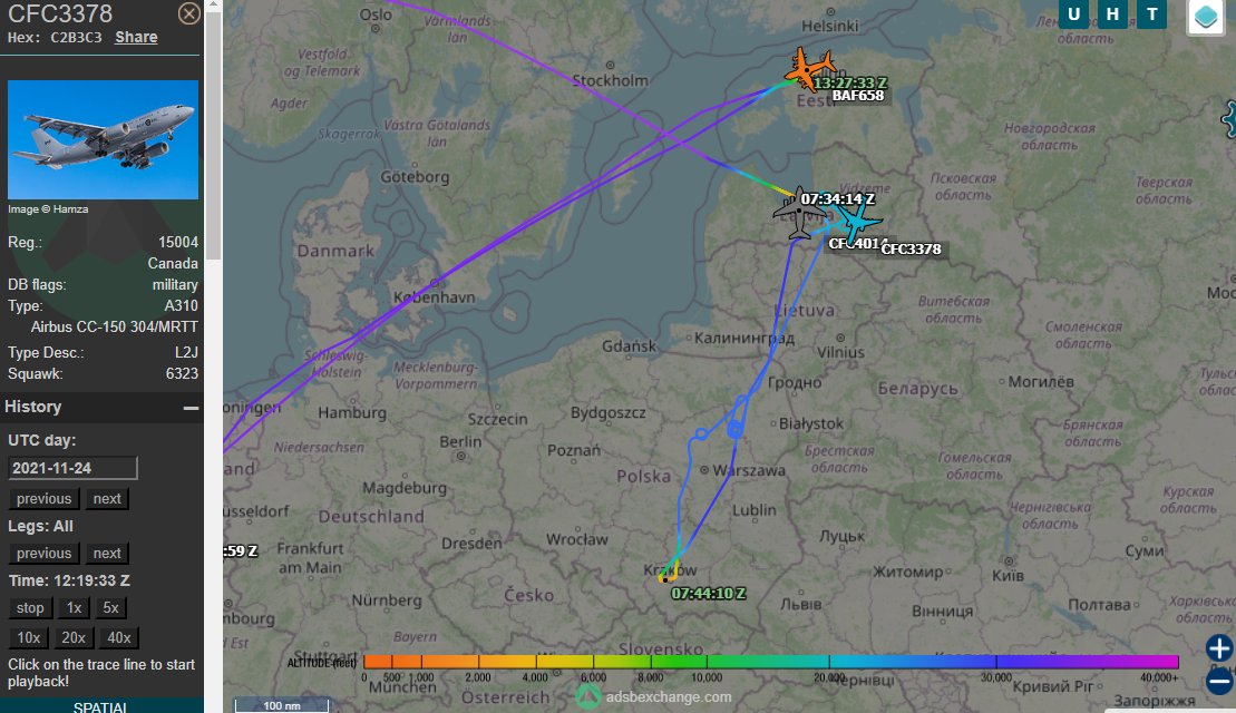 vcdgf555's tweet photo. As far as transports (2) and tanker unrelated to previous (1):

🇨🇦 CFC4014 is CC-177 177703 #C2B3EB landed at Riga 🇱🇻.
🇨🇦 CFC3378, CC-150 MRTT 15004 #C2B3C3 circled close by then RTB'd 🇵🇱. AAR?
🇧🇪 BAF658, A400M CT-05 #44F685 landed at Amari Airbase 🇪🇪 then RTB'd to Belgium.

3/ https://t.co/gBoENafFLt