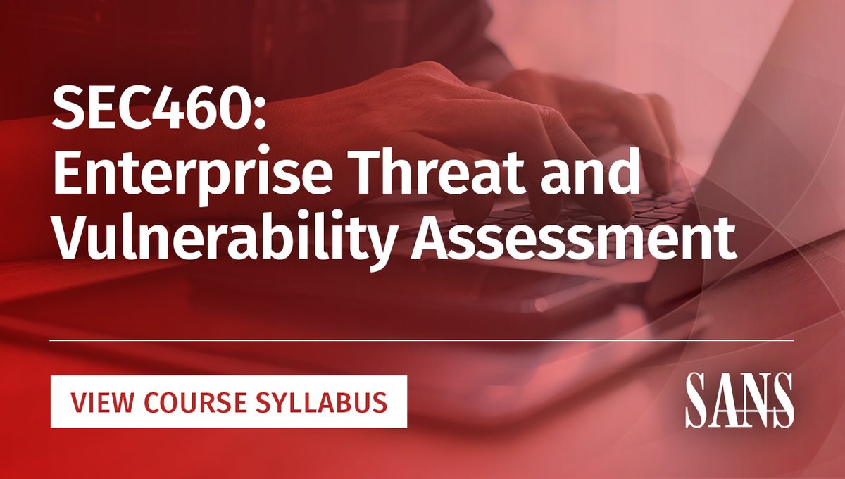 SANSInstitute's tweet photo. SEC460 helps students build their technical vulnerability assessment skills &amp; techniques using practical approaches to ensure true value across the enterprise. Try the course demo for yourself: https://t.co/eC9ZyAPL7i

Learn more about #SEC460: https://t.co/yXfeoQFZtb https://t.co/6RJfRJcYXw