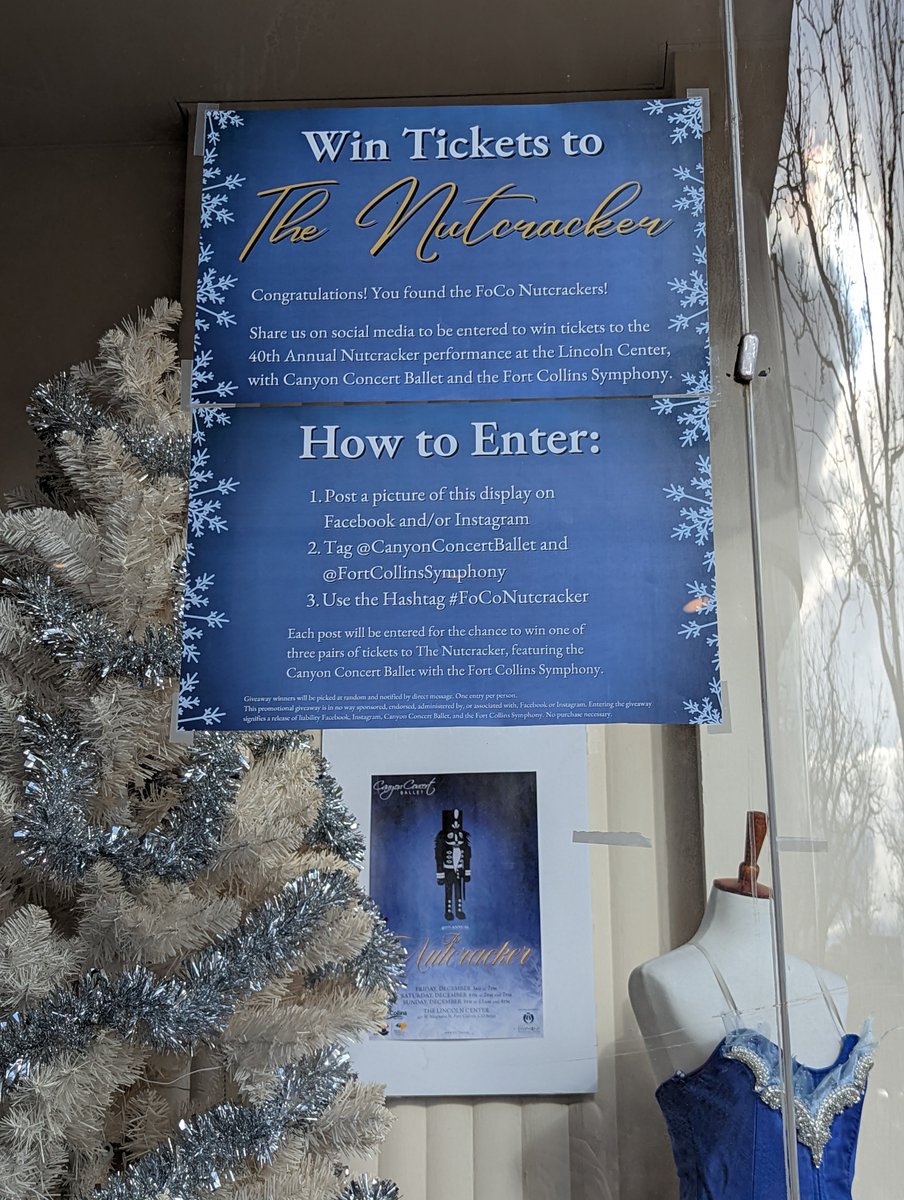 CanyonConcert's tweet photo. You could win tickets to see the our 40th Annual The Nutcracker with the Fort Collins Symphony!

Just find our display in #OldTownFortCollins, post a picture on Facebook or Instagram, and tag CCB and FCS with the hashtag #FoCoNutcracker and you'll be entered to win! https://t.co/WzgwMgEThR
