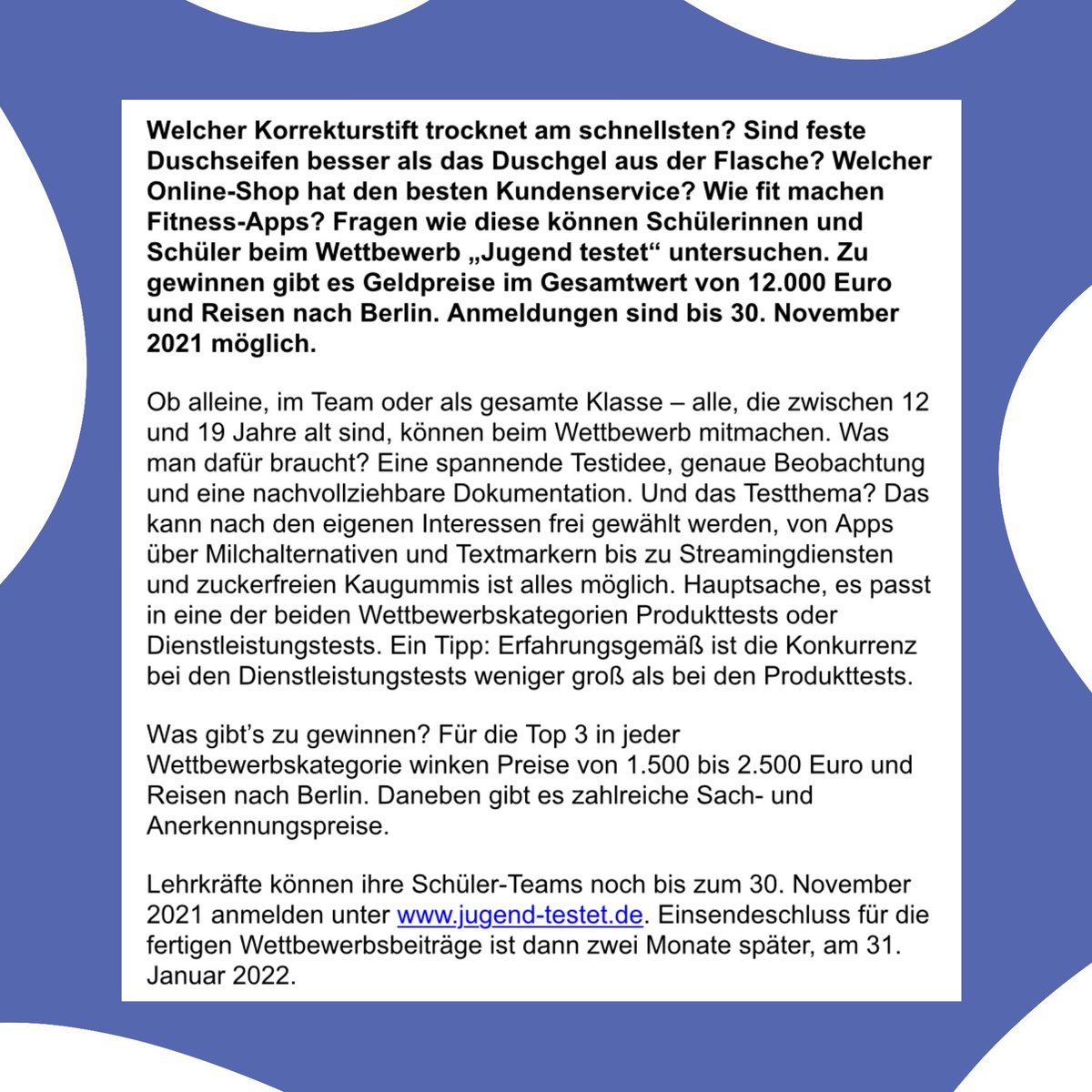 #Produkte und #Dienstleistungen #testen und gewinnen: Bis zum 30. November könnt Ihr euch noch für den #Wettbewerb „Jugend testet“ anmelden! Infos und Anmeldung unter jugend-testet.de

#jugendtestet #schule #twlz #twitterlehrerzimmer