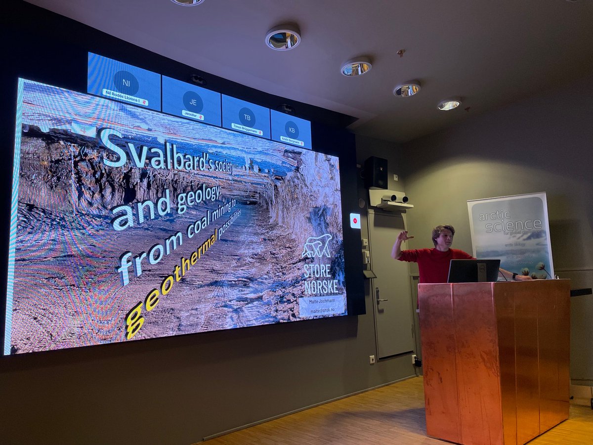 svalbox's tweet photo. Past exploration helps us achieve greener future. Malte Jochmann introduces us to #Svalbard’s exploration history and the potential of geothermal energy during the first session of the #Svalbard #RockVault #Paleoclimate days at @UNISvalbard #Arctic #Science https://t.co/5PEvqO4WtU