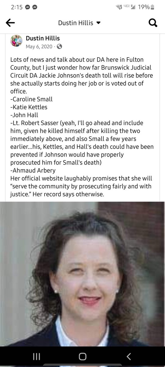 Dustin4ATL's tweet photo. Remember this trial would have never happened if it was up to former DA Jackie Johnson. She had blood on her hands well before Arbery's murder and should have been removed years ago. #CarolineSmall #KatieKettles #JohnHall #AhmaudArbery
I look forward to her trial. https://t.co/2wgAhS5AyH