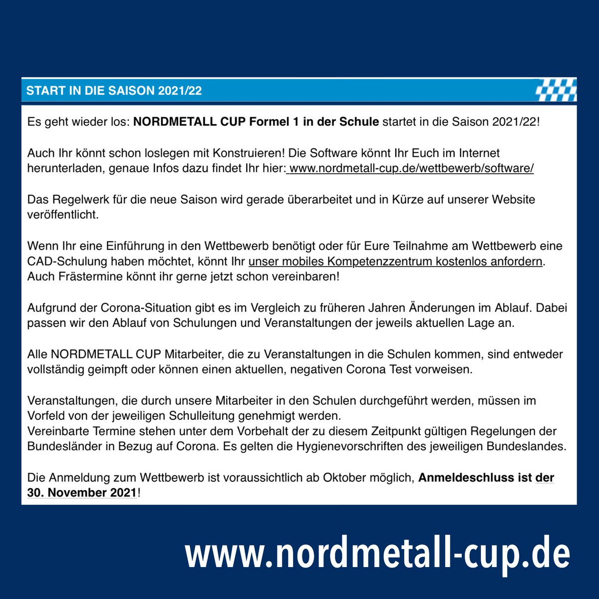 Noch nicht angemeldet für den #Nordmetall Cup Formel 1 in der Schule? Dann aber los! Bis 30. November informieren und an den #Start gehen! Infos unter nordmetall-cup.de

#formel1inderschule #nordmetallcup #twlz #twitterlehrerzimmer #schule #wettbewerb