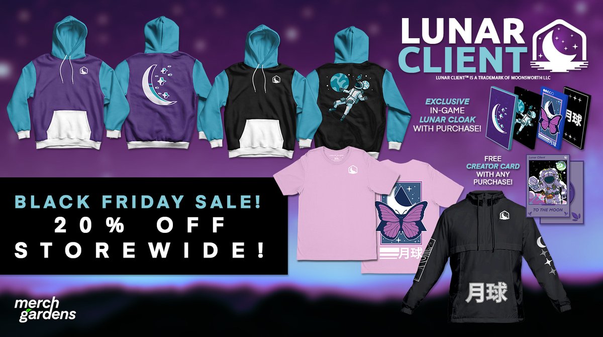 All merch will be 20% off for Black Friday! 🎉

We'll be releasing our annual Thanksgiving, Black Friday, and Cyber Monday cosmetics in the coming days, along with a store-wide sale! 👀

merch.lunarclient.com
merch.lunarclient.com
merch.lunarclient.com