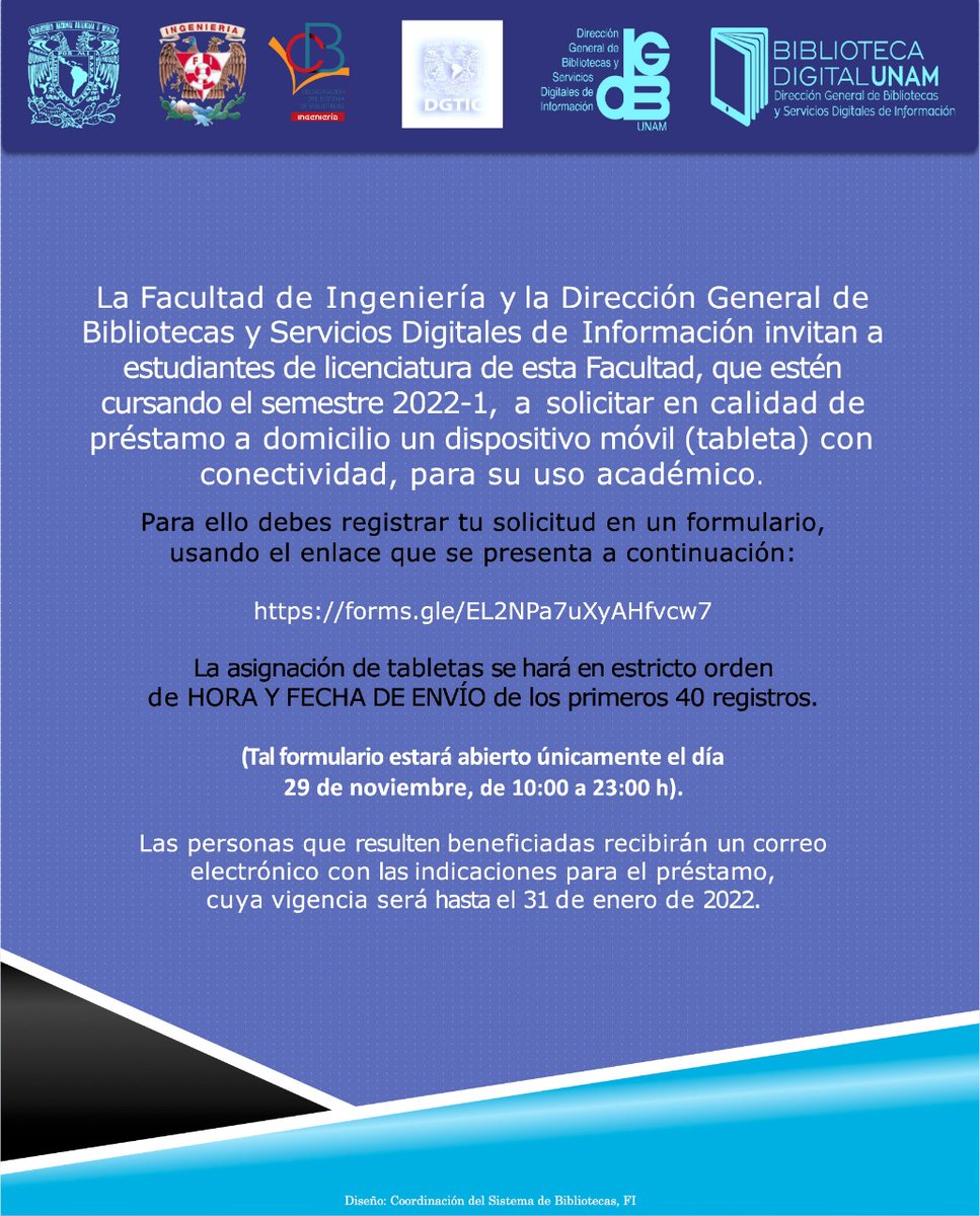 FIUNAM_MX's tweet photo. La Facultad de Ingeniería y la Dirección General de Bibliotecas y Servicios Digitales de Información (@bibliotecasUNAM) invitan: 

📲Préstamo a domicilio de dispositivo móvil (tableta) con conectividad, para su uso académico. 

Registro➡️ https://t.co/TMikpP6XiW https://t.co/pu2Jj1yM0u