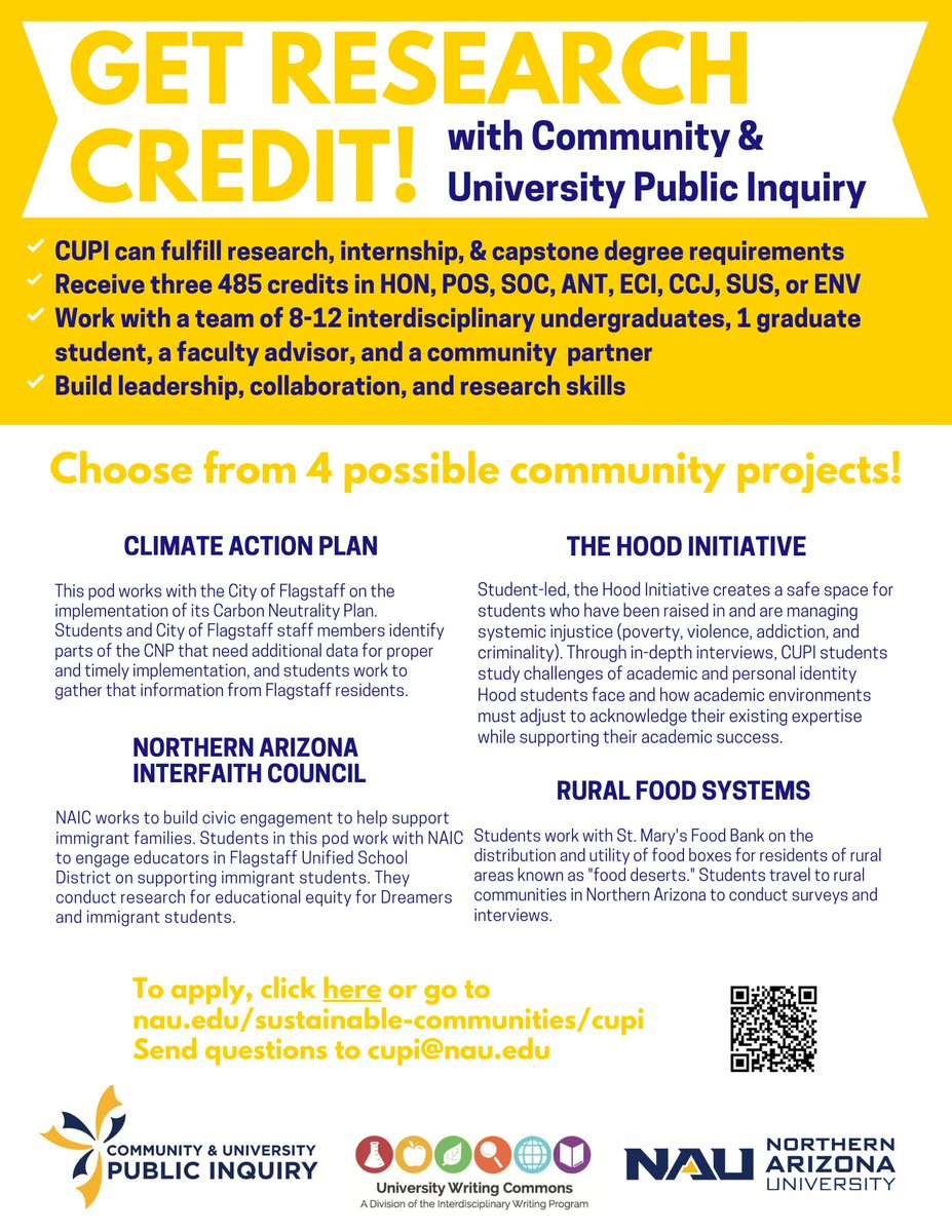 NAU_UGResearch's tweet image. Community &amp;amp; University Public Inquiry has an opportunity for students interested in research Credit. Go check it out! 

#nauugresearch #nauresearch