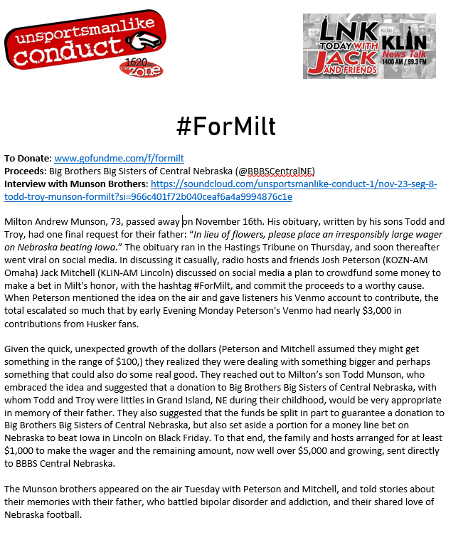 JohnBishop71's tweet photo. Here's a quick synopsis on the #ForMilt campaign.

https://t.co/nzYjNnREUR

#Huskers https://t.co/GIME6A4EpT