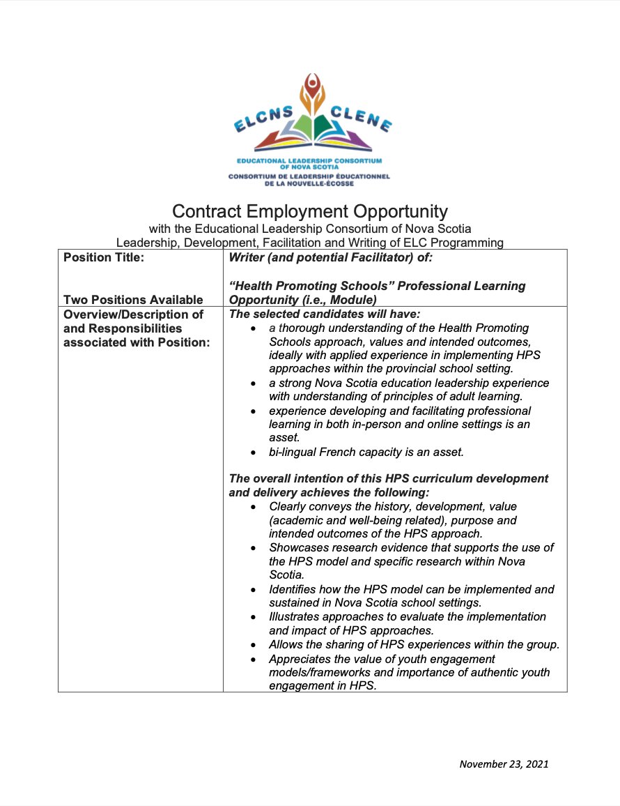 UpLiftNS's tweet photo. 💡Employment opportunity with @ELCNSofficial! Are you a Health Promoting Schools champion who loves to write? Check out the listing below. Applications due by Dec 7! https://t.co/q7YdPNu4xg