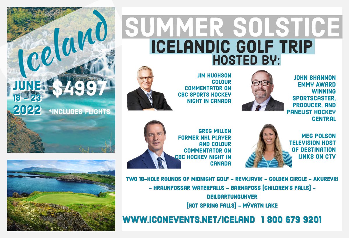 Catch a flight from anywhere in Canada!  Join us for Midnight Golf in Iceland June 18-23.  Plus, you get to meet some incredible men from the world of hockey - @jshannonhl <a href="/gregmillen/">Greg Millen</a> @jimhughsonCBC. Book now at iconevents.net/iceland