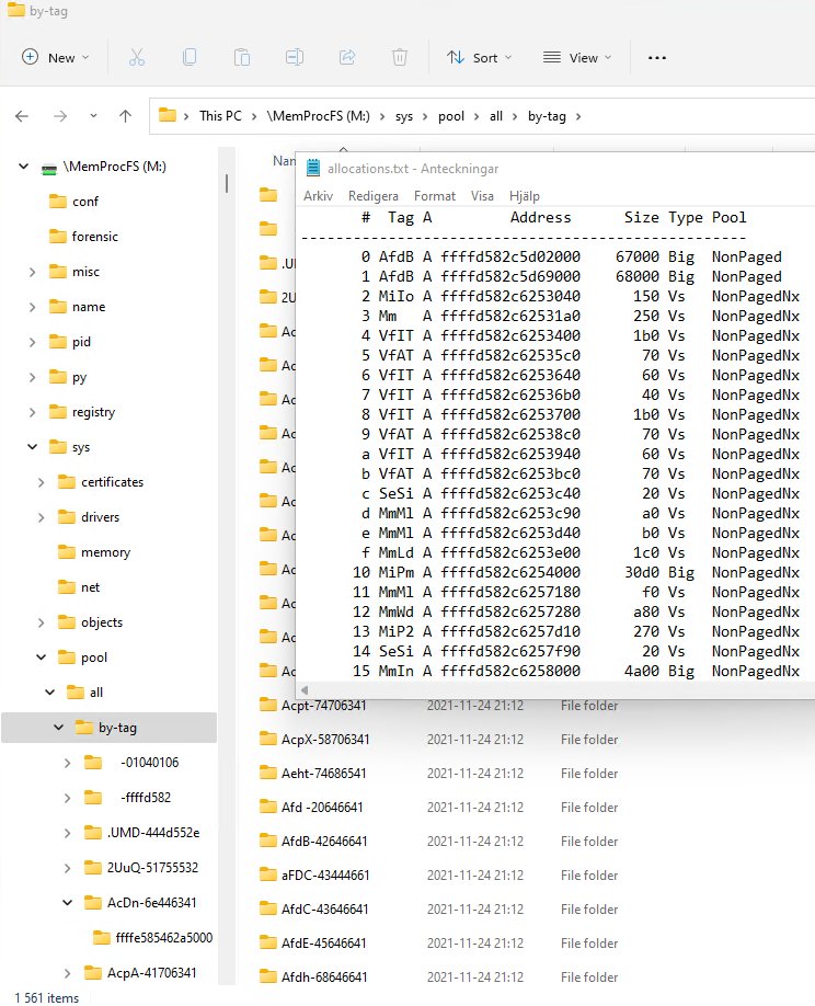 UlfFrisk's tweet photo. MemProcFS v4.4 - now with pool tagging support! Easy-to-use memory forensics in a virtual file system 😀 Huge thanks @yarden_shafir for your prior research! https://t.co/inOM3l1GIF https://t.co/Bx8xEvCYwi