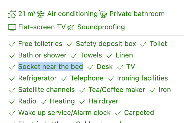 sharonodea's tweet photo. Delighted to see @bookingcom now listing the amenities that *really* matter in a hotel. https://t.co/9PmHLTyVVs