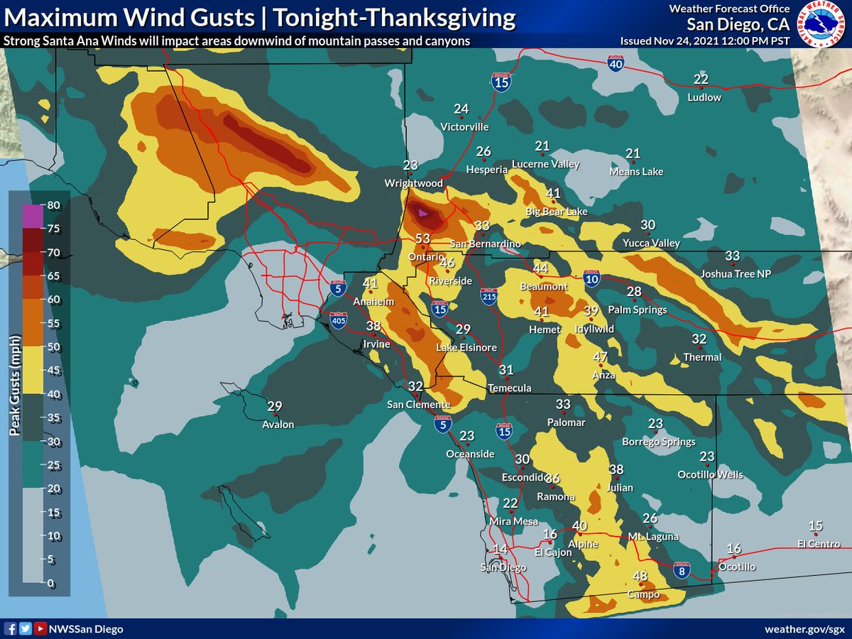 NWSSanDiego's tweet photo. ⚠️#SantaAnaWinds will continue to strengthen, peaking tonight-Thanksgiving morning. Wind gusts to 60 mph across Inland Empire cities downwind of the Cajon Pass and below the Santa Ana Mountains. Fire weather conditions will be critical. 🍗Bone dry air will move into #SoCal. https://t.co/NmbiyVheca