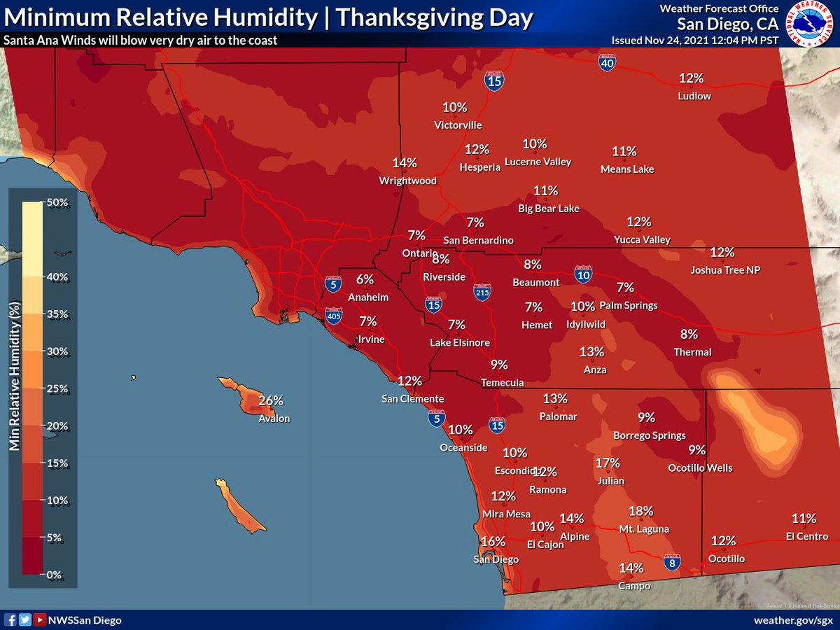 NWSSanDiego's tweet photo. ⚠️#SantaAnaWinds will continue to strengthen, peaking tonight-Thanksgiving morning. Wind gusts to 60 mph across Inland Empire cities downwind of the Cajon Pass and below the Santa Ana Mountains. Fire weather conditions will be critical. 🍗Bone dry air will move into #SoCal. https://t.co/NmbiyVheca