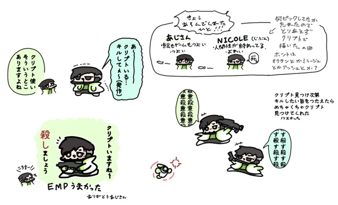 APEX実録的なのを描いてみたかった等と供述しており…
楽しすぎて記憶曖昧だから無い事を描いてるかもしれない、とりあえずクリプト見つけ次第突っ込んでいった記憶があります、無い?気のせい? 